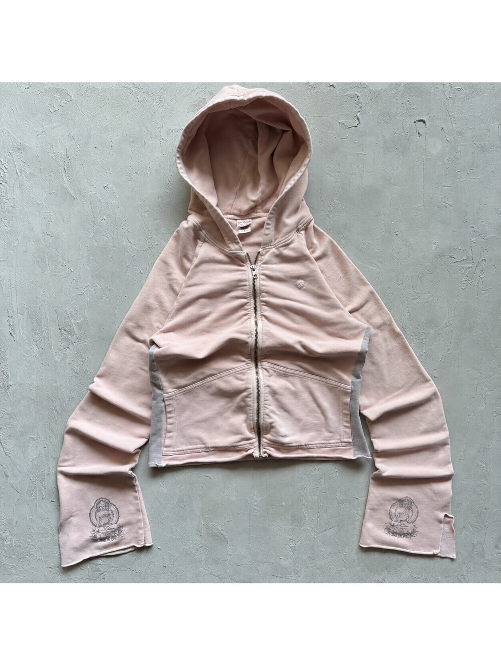 Vintage Y2K Buddha Pink Cropped Bell Sleeve Zip Hoodie Women's M